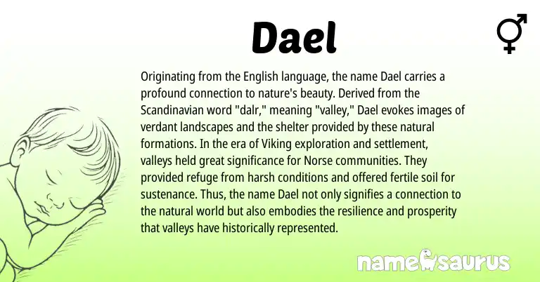 Infographic about Dael name meaning, Dael is a name from Scandinavian, English, Norse origin(s).
