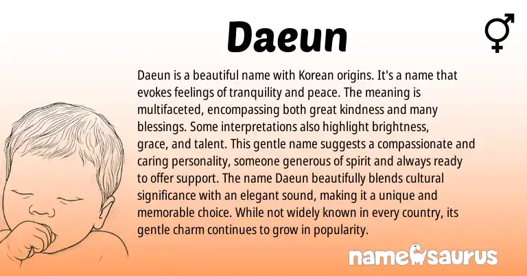 Infographic about Daeun name meaning, Daeun is a name from Korean origin(s).