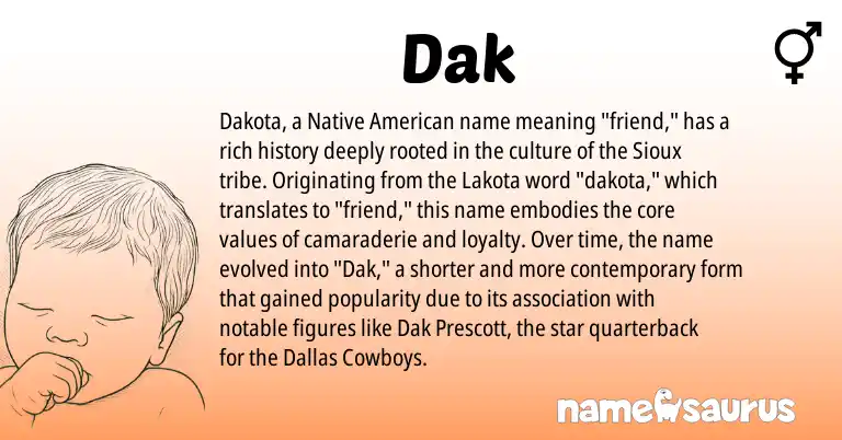 Infographic about Dak name meaning, Dak is a name from Dakota, Native American, Dallas, Lakota, Sioux origin(s).