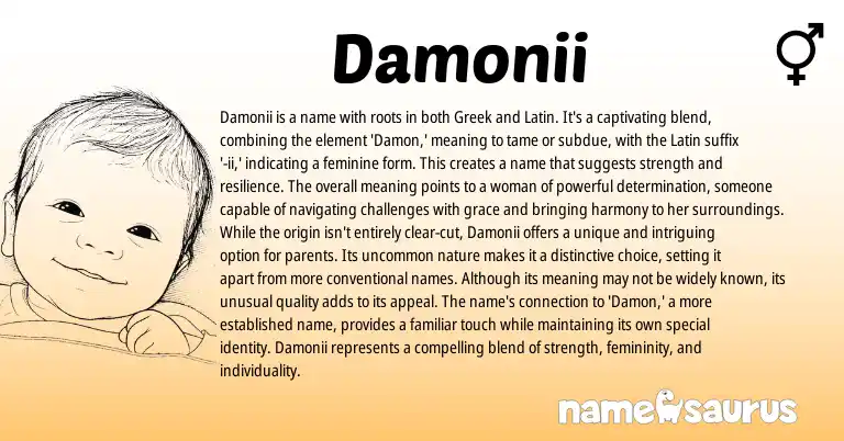 Infographic about Damonii name meaning, Damonii is a name from Greek, Latin origin(s).