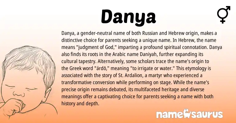 Infographic about Danya name meaning, Danya is a name from Russian, Arabic, Hebrew, Greek origin(s).