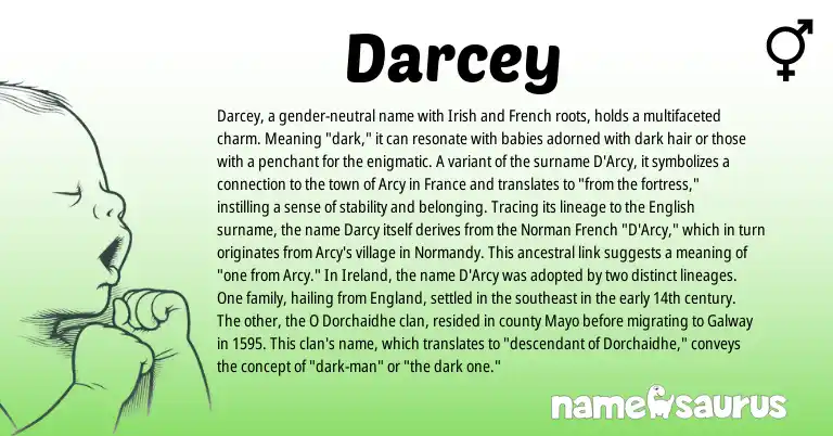 Infographic about Darcey name meaning, Darcey is a name from Irish, English, Ireland, England, French, Norman origin(s).