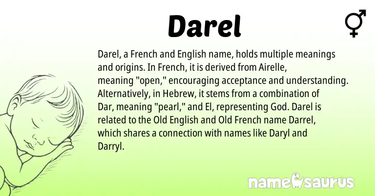 Infographic about Darel name meaning, Darel is a name from English, Old French, French, Old English, Hebrew origin(s).