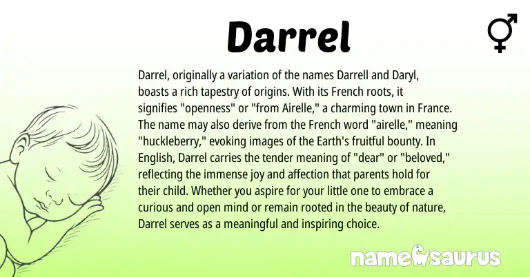 Infographic about Darrel name meaning, Darrel is a name from English, French origin(s).