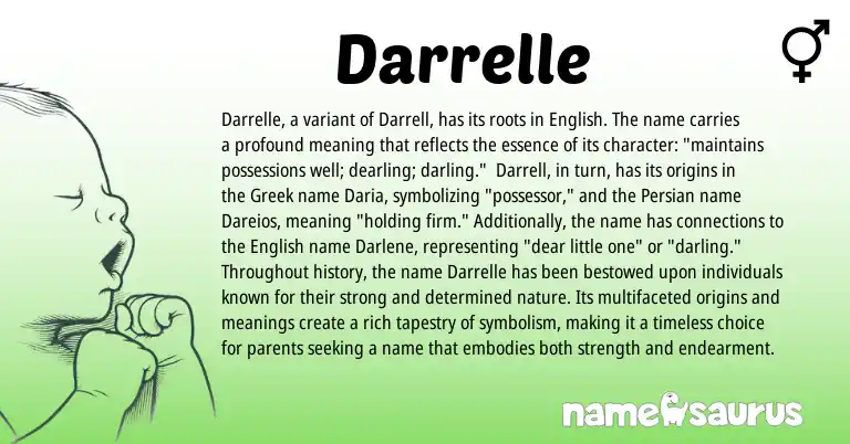 Infographic about Darrelle name meaning, Darrelle is a name from English, Persian, Greek origin(s).