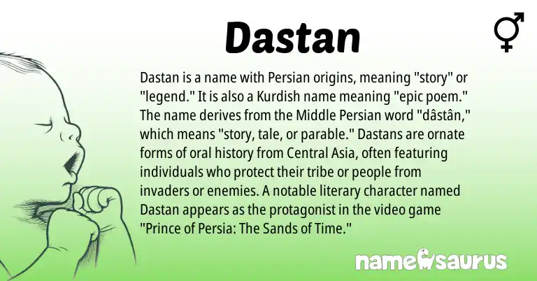 Infographic about Dastan name meaning, Dastan is a name from Persian, Kurdish origin(s).