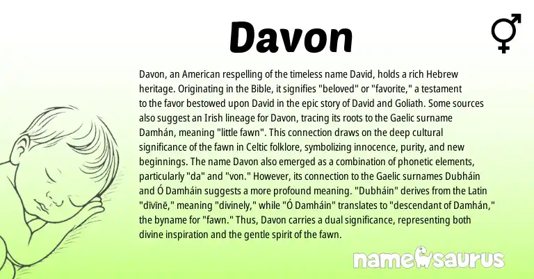 Infographic about Davon name meaning, Davon is a name from Irish, Gaelic, Latin, Celtic, American, Hebrew origin(s).