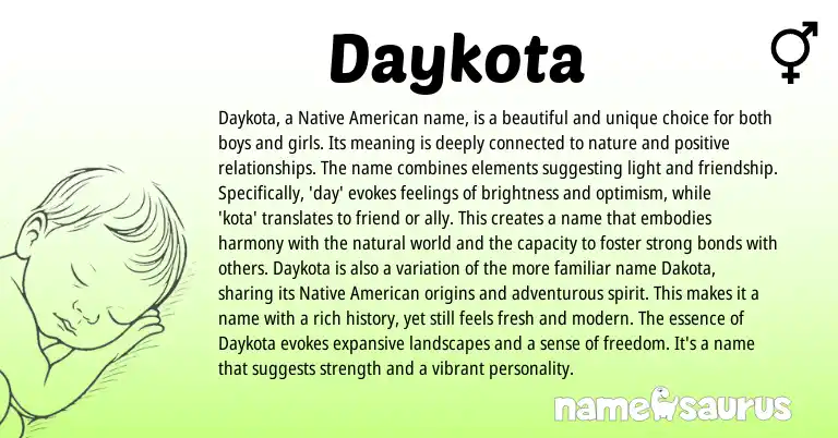 Infographic about Daykota name meaning, Daykota is a name from American origin(s).