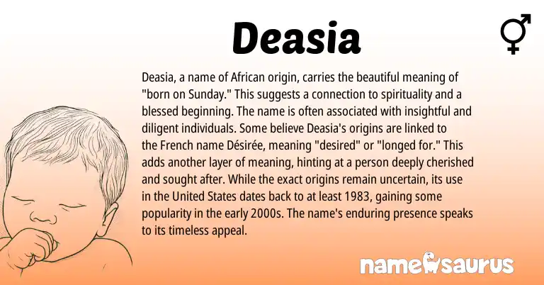 Infographic about Deasia name meaning, Deasia is a name from English, African origin(s).