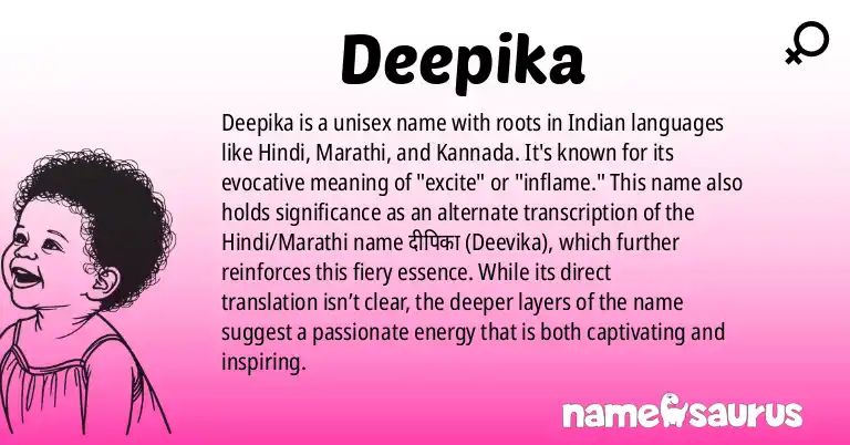 Infographic about Deepika name meaning, Deepika is a name from Indian, Hindi, Marathi, Kannada origin(s).
