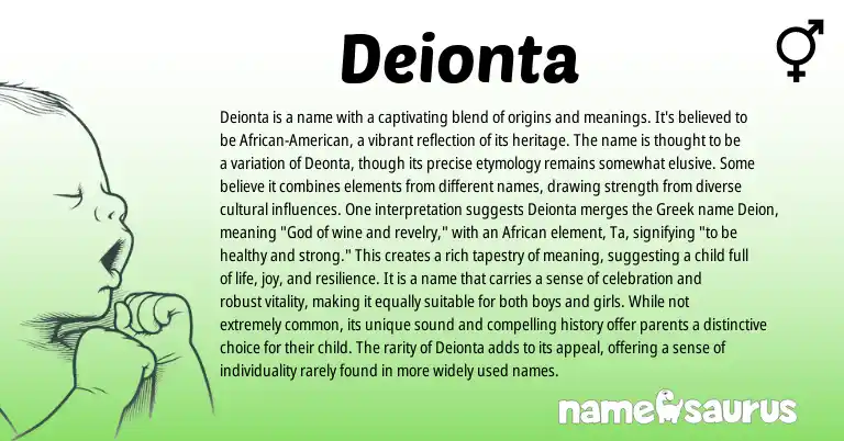 Infographic about Deionta name meaning, Deionta is a name from Greek, African origin(s).