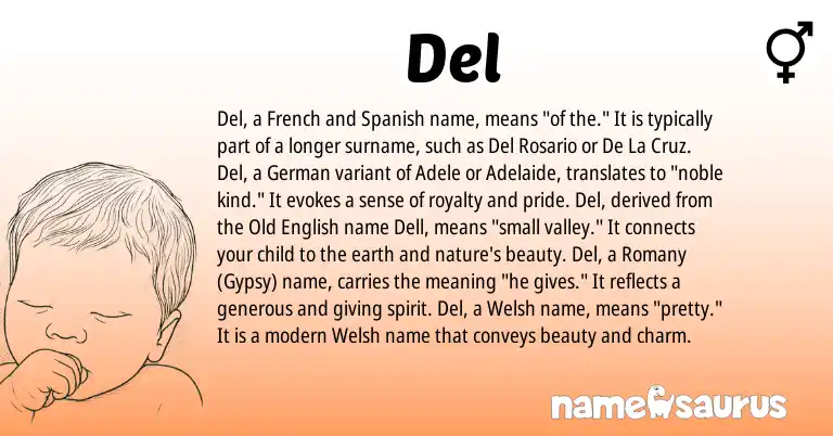 Infographic about Del name meaning, Del is a name from Spanish, Welsh, Old English, French, Gypsy, German origin(s).