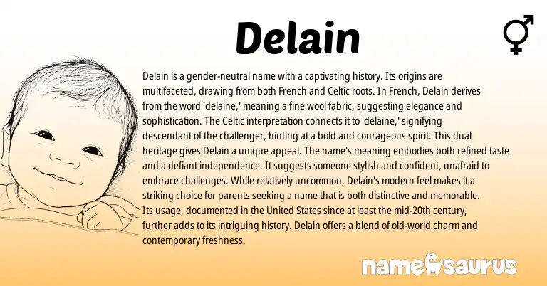 Infographic about Delain name meaning, Delain is a name from French, Celtic origin(s).