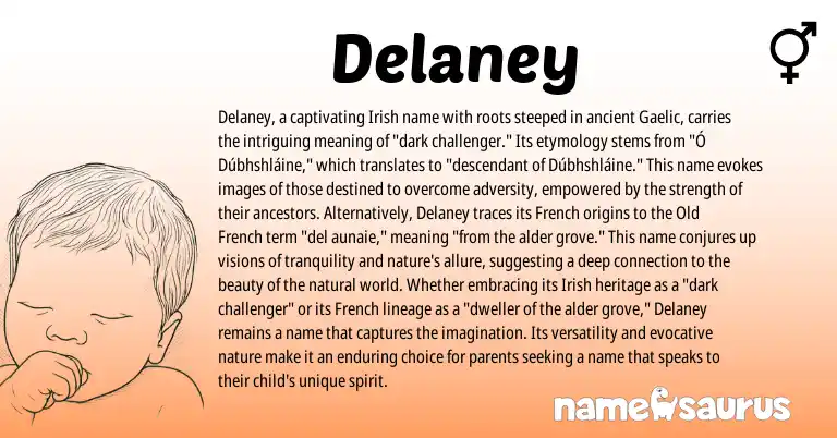 Infographic about Delaney name meaning, Delaney is a name from Irish, Gaelic, French, Old French origin(s).