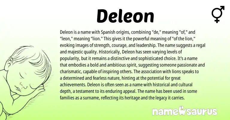 Infographic about Deleon name meaning, Deleon is a name from Spanish, American origin(s).