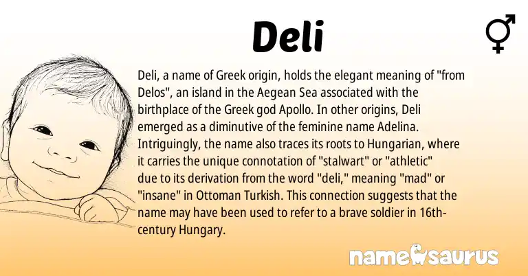 Infographic about Deli name meaning, Deli is a name from Hungarian, Ottoman Turkish, Greek origin(s).