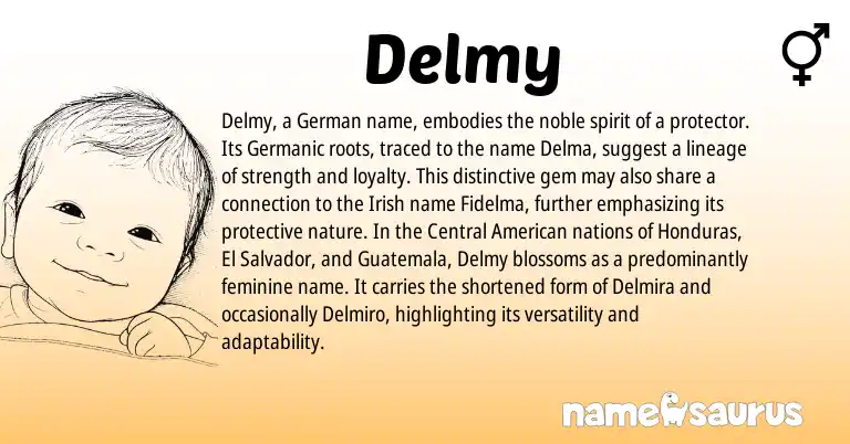Infographic about Delmy name meaning, Delmy is a name from Irish, German, Germanic, Central American origin(s).