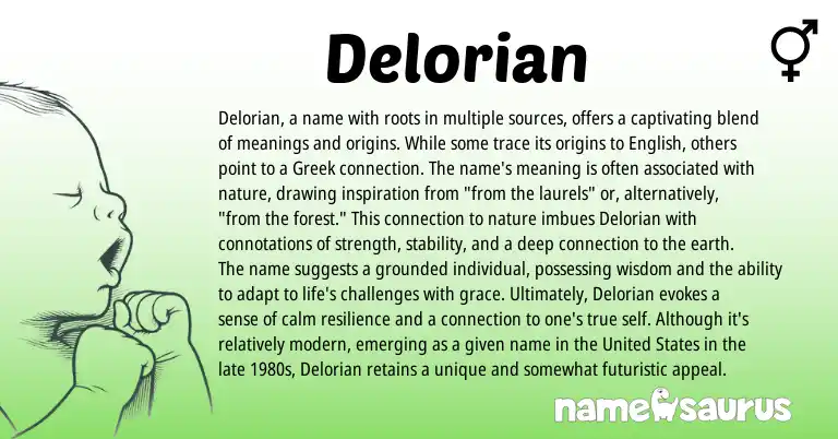 Infographic about Delorian name meaning, Delorian is a name from Romanian, English, Greek origin(s).