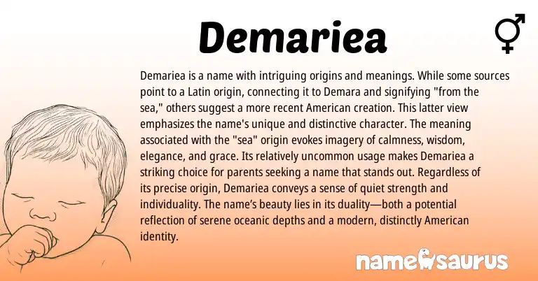 Infographic about Demariea name meaning, Demariea is a name from Latin origin(s).