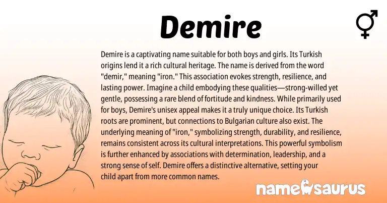 Infographic about Demire name meaning, Demire is a name from Turkish origin(s).
