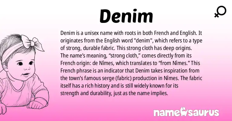 Infographic about Denim name meaning, Denim is a name from French, English origin(s).
