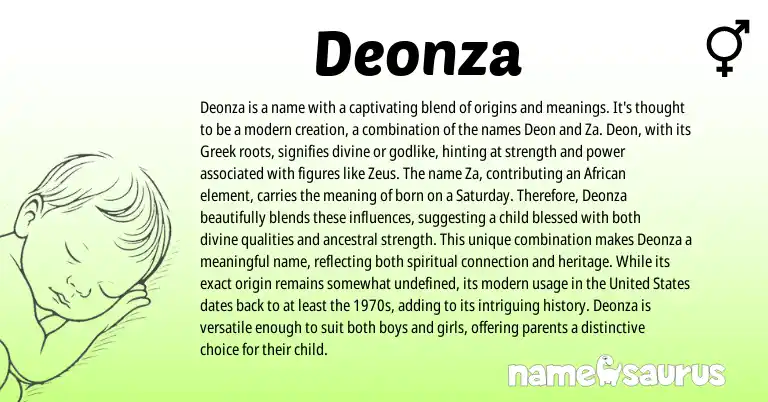 Infographic about Deonza name meaning, Deonza is a name from Greek, African, American origin(s).