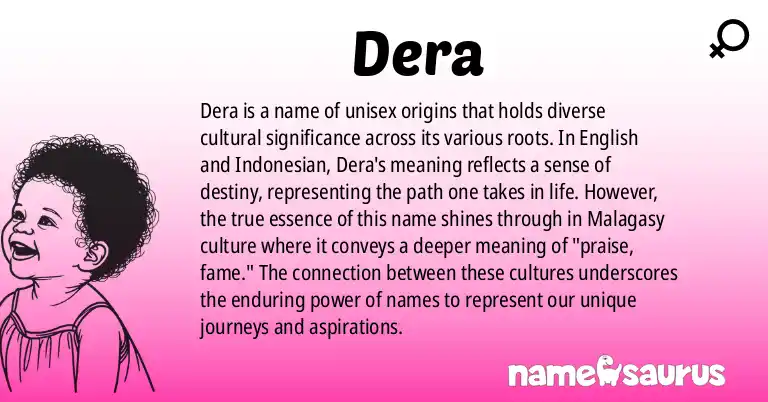 Infographic about Dera name meaning, Dera is a name from English, Indonesian, Malagasy, African - Nigeria origin(s).