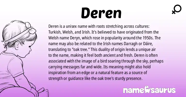 Infographic about Deren name meaning, Deren is a name from Turkish, Welsh, Irish origin(s).