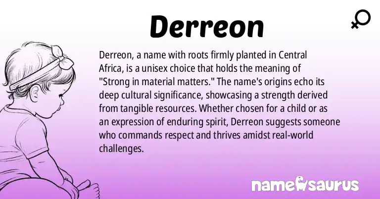 Infographic about Derreon name meaning, Derreon is a name from Central African origin(s).