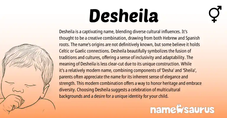 Infographic about Desheila name meaning, Desheila is a name from Hebrew, Spanish origin(s).