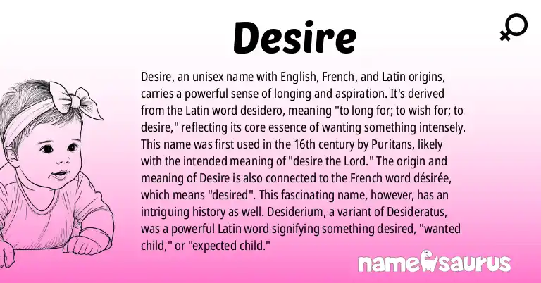 Infographic about Desire name meaning, Desire is a name from English (Puritan), French, Latin origin(s).