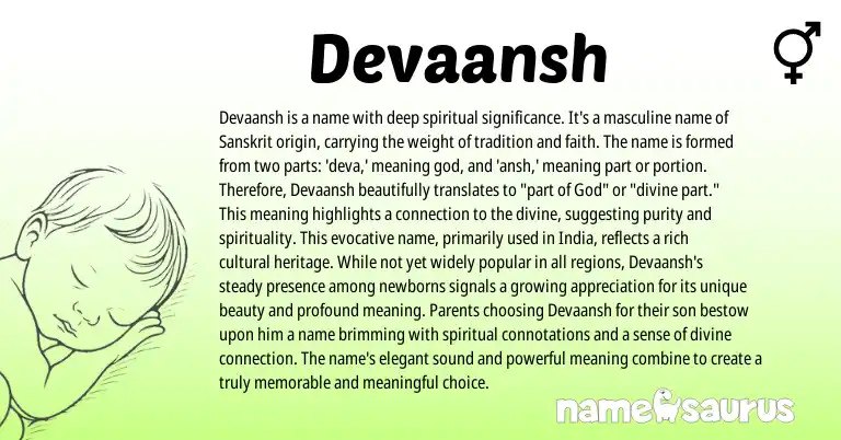 Infographic about Devaansh name meaning, Devaansh is a name from Indian, Sanskrit origin(s).