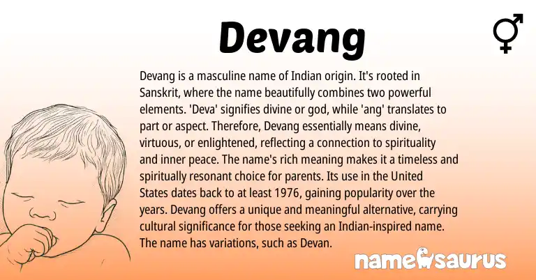 Infographic about Devang name meaning, Devang is a name from Indian, Sanskrit origin(s).