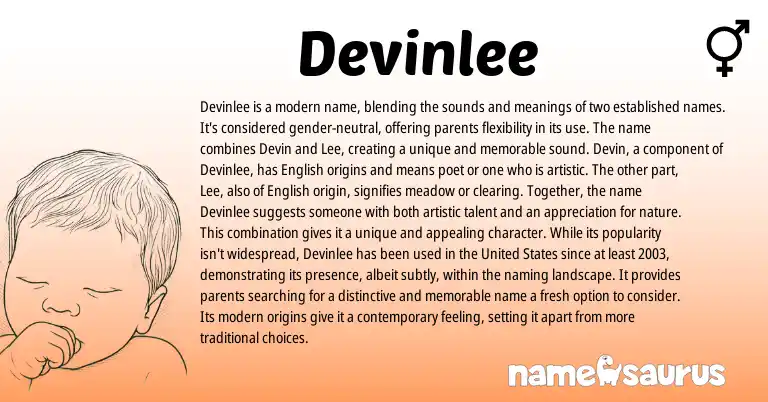 Infographic about Devinlee name meaning, Devinlee is a name from English origin(s).