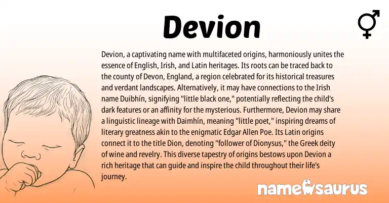 Infographic about Devion name meaning, Devion is a name from Irish, English, England, Latin, Greek origin(s).