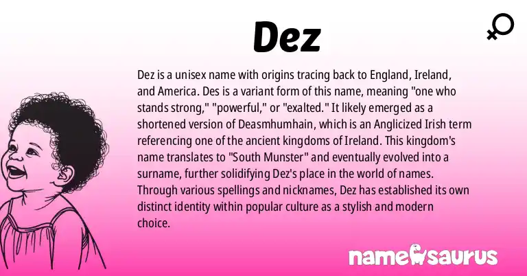 Infographic about Dez name meaning, Dez is a name from English, Irish, American origin(s).