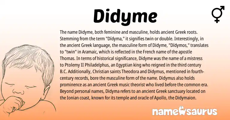 Infographic about Didyme name meaning, Didyme is a name from Aramaic, French, Egyptian, Greek origin(s).