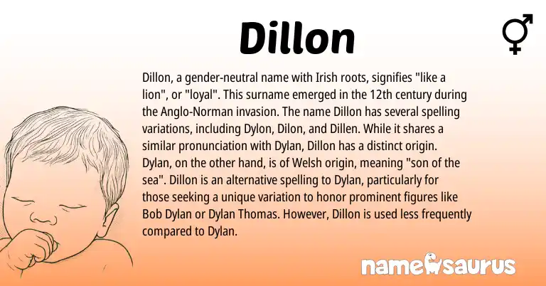 Infographic about Dillon name meaning, Dillon is a name from Irish, Welsh, Anglo-Norman origin(s).