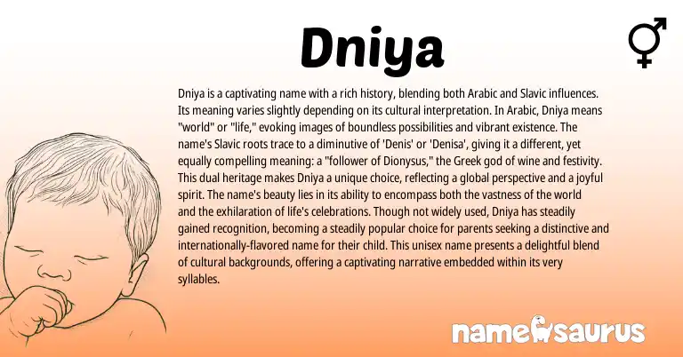 Infographic about Dniya name meaning, Dniya is a name from Greek, Slavic, Arabic origin(s).