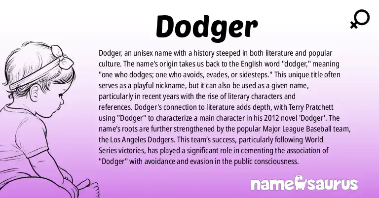 Infographic about Dodger name meaning, Dodger is a name from English, Literature, Popular Culture origin(s).