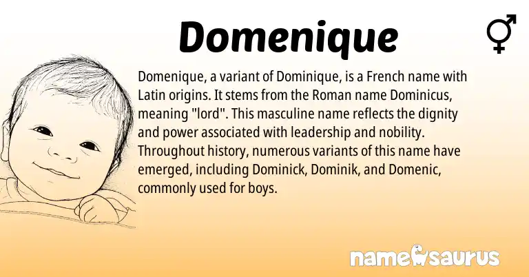 Infographic about Domenique name meaning, Domenique is a name from Roman, French, Latin origin(s).