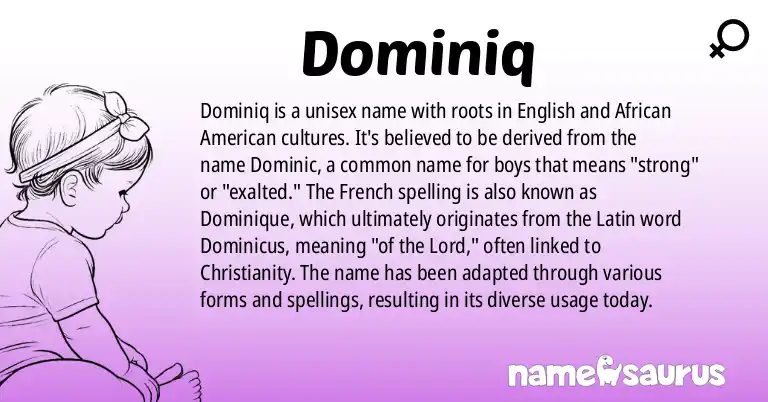 Infographic about Dominiq name meaning, Dominiq is a name from English (American), African American origin(s).