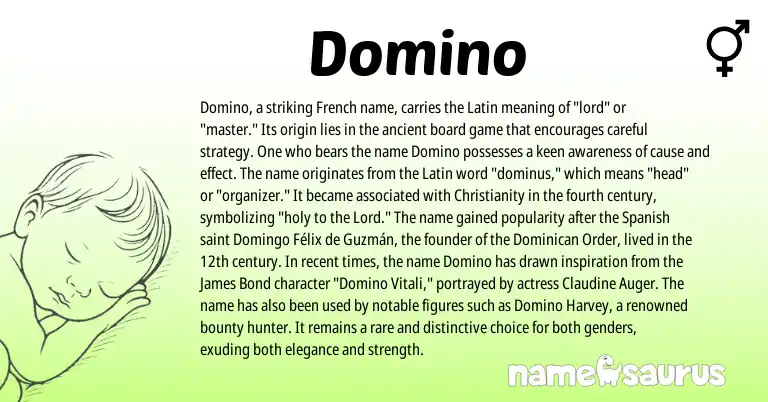 Infographic about Domino name meaning, Domino is a name from Christianity, French, Latin, Spanish origin(s).