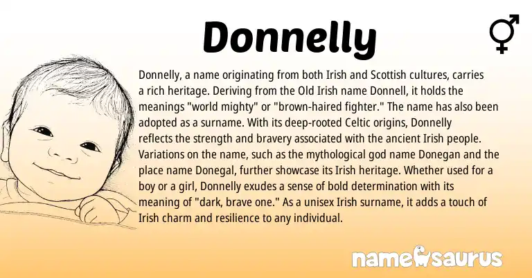 Infographic about Donnelly name meaning, Donnelly is a name from Irish, Scottish, Old Irish, Celtic origin(s).