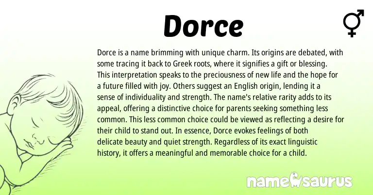 Infographic about Dorce name meaning, Dorce is a name from Greek origin(s).