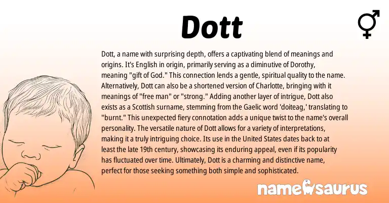 Infographic about Dott name meaning, Dott is a name from Scottish, Gaelic, English origin(s).