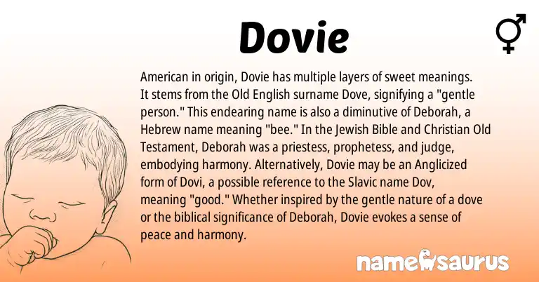 Infographic about Dovie name meaning, Dovie is a name from Jewish, Slavic, Old English, American, Hebrew origin(s).