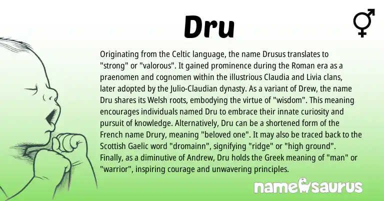Infographic about Dru name meaning, Dru is a name from Welsh, Gaelic, French, Roman, Celtic, Greek, Scottish origin(s).