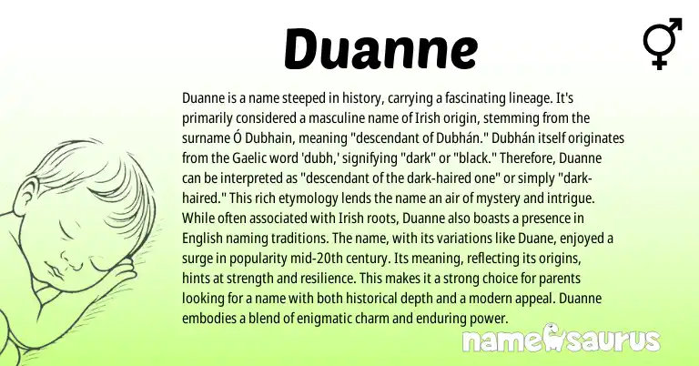Infographic about Duanne name meaning, Duanne is a name from Gaelic, English, Irish origin(s).
