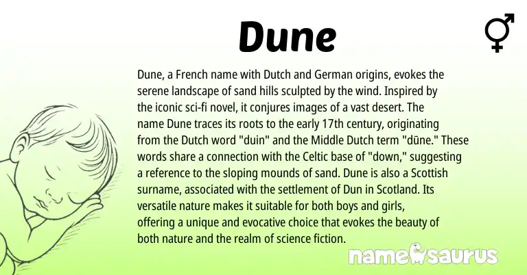 Infographic about Dune name meaning, Dune is a name from French, Celtic, German, Dutch, Scottish origin(s).
